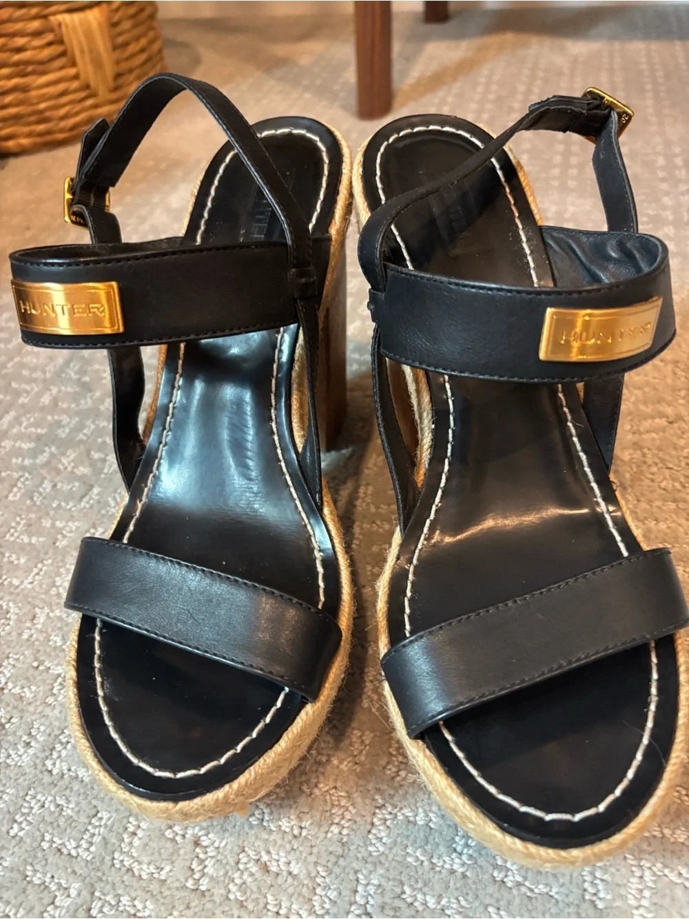 HUNTER Gonave Leather and Wood Block Heel Platform Espadrille Sandals, 9 GUC